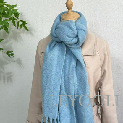 Blue Wool Blend Tassel Scarf, Winter Shawl (192cm*30cm)