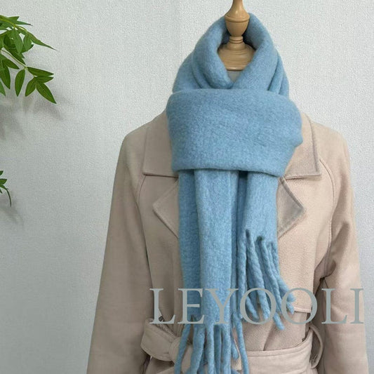 Blue Wool Blend Tassel Scarf, Winter Shawl (192cm*30cm)