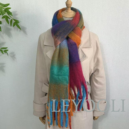 Rainbow Plaid Mohair Scarf, Tassel Design, Winter Shawl