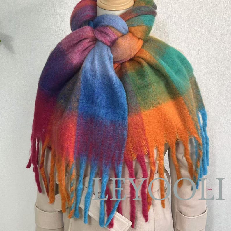 Rainbow Plaid Mohair Scarf, Tassel Design, Winter Shawl