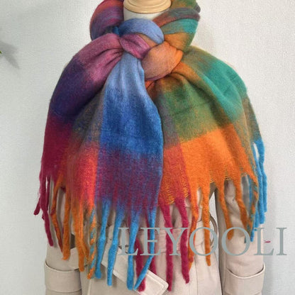 Rainbow Plaid Mohair Scarf, Tassel Design, Winter Shawl