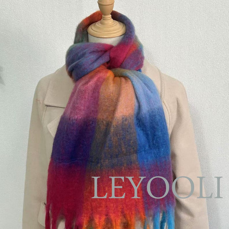 Rainbow Plaid Mohair Scarf, Tassel Design, Winter Shawl