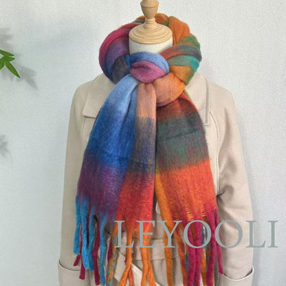 Rainbow Plaid Mohair Scarf, Tassel Design, Winter Shawl