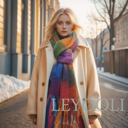 Rainbow Plaid Mohair Scarf, Tassel Design, Winter Shawl