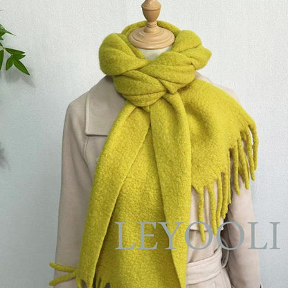 Yellow Wool Scarf, Tassel Fringe, Warm Winter Shawl