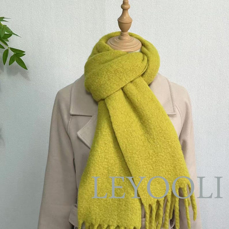 Yellow Wool Scarf, Tassel Fringe, Warm Winter Shawl