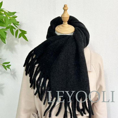 Black Wool Blend Scarf, Classic Fringe Shawl, Winter Warmth
