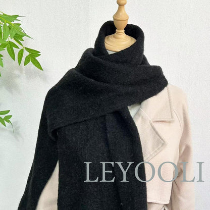 Black Wool Blend Scarf, Classic Fringe Shawl, Winter Warmth