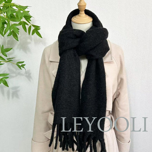 Black Wool Blend Scarf, Classic Fringe Shawl, Winter Warmth