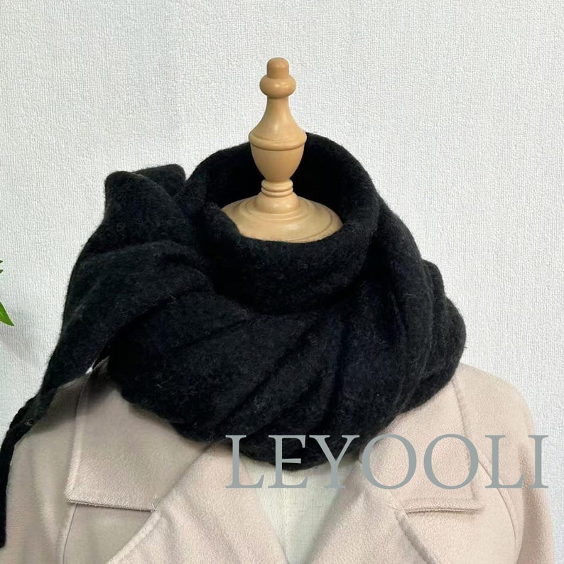 Black Wool Blend Scarf, Classic Fringe Shawl, Winter Warmth