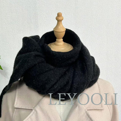 Black Wool Blend Scarf, Classic Fringe Shawl, Winter Warmth