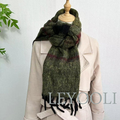 Olive Green Mohair Scarf, Striped Winter Shawl