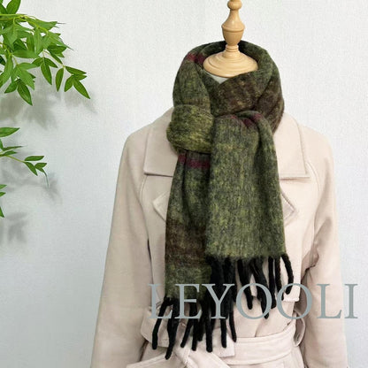 Olive Green Mohair Scarf, Striped Winter Shawl