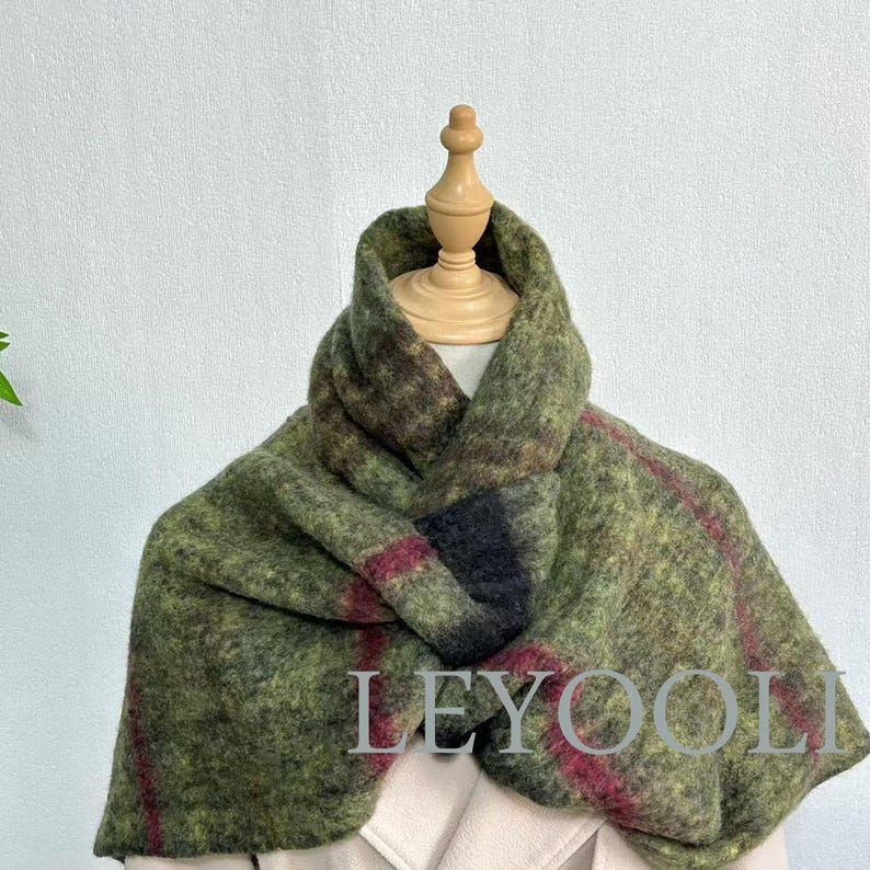 Olive Green Mohair Scarf, Striped Winter Shawl