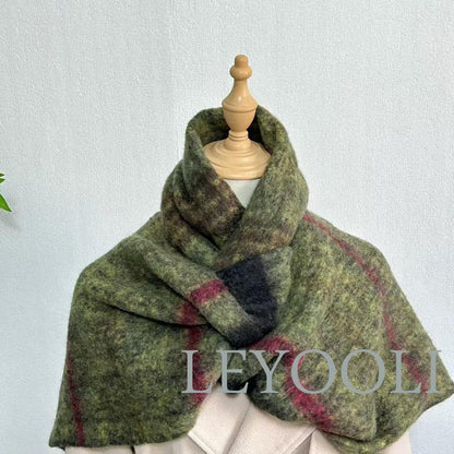 Olive Green Mohair Scarf, Striped Winter Shawl