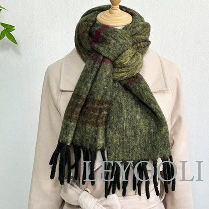 Olive Green Mohair Scarf, Striped Winter Shawl