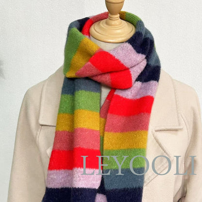 Rainbow Striped Knitted Scarf: Warm Wool Blend Winter Scarf