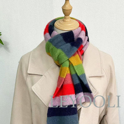 Rainbow Striped Knitted Scarf: Warm Wool Blend Winter Scarf