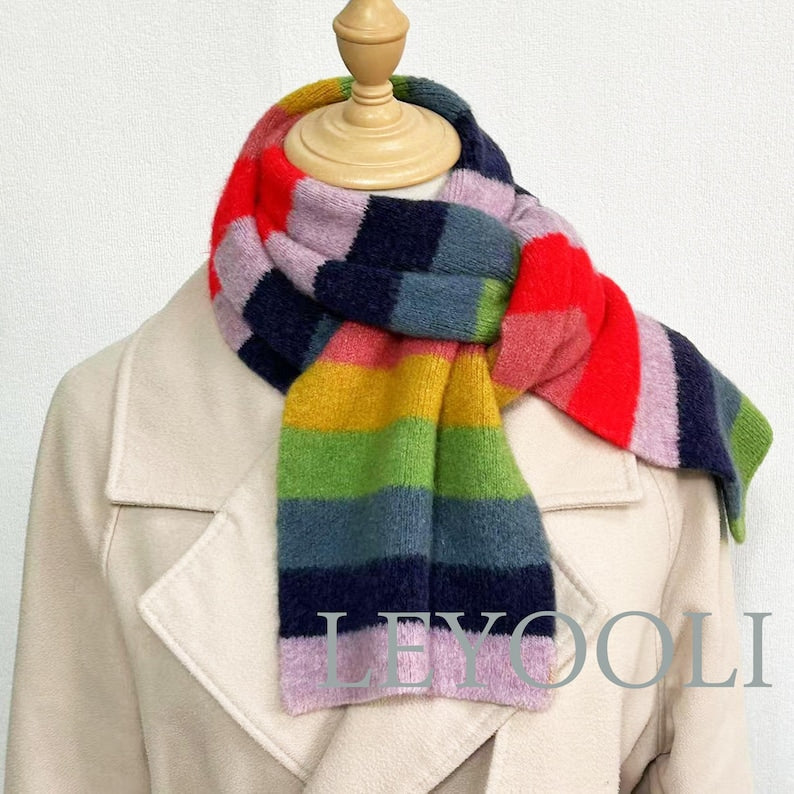 Rainbow Striped Knitted Scarf: Warm Wool Blend Winter Scarf