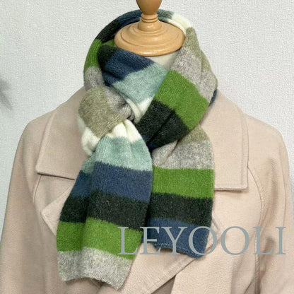 Striped Wool Scarf, Green Blue Gray, Winter Knitted Scarf