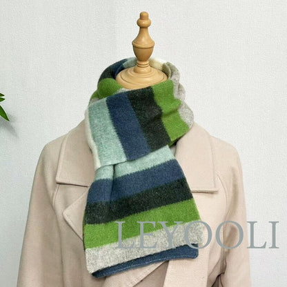 Striped Wool Scarf, Green Blue Gray, Winter Knitted Scarf