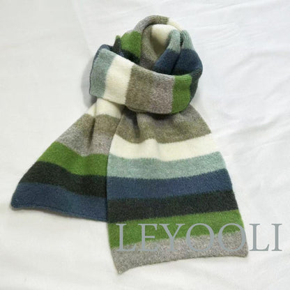 Striped Wool Scarf, Green Blue Gray, Winter Knitted Scarf