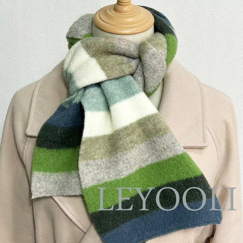 Striped Wool Scarf, Green Blue Gray, Winter Knitted Scarf