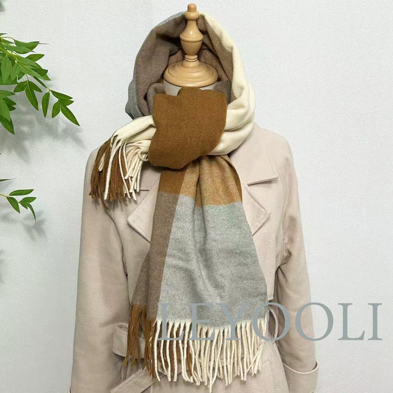 Camel Plaid Wool Blend Scarf, Warm Winter Shawl