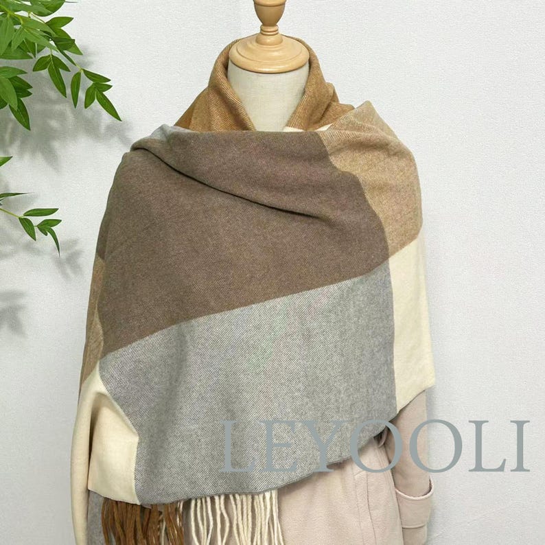 Camel Plaid Wool Blend Scarf, Warm Winter Shawl