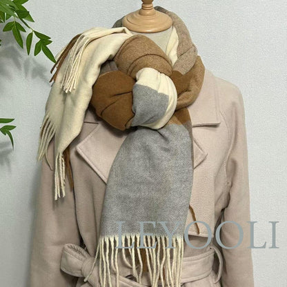 Camel Plaid Wool Blend Scarf, Warm Winter Shawl
