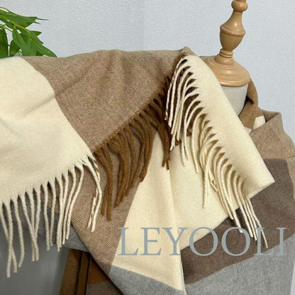 Camel Plaid Wool Blend Scarf, Warm Winter Shawl