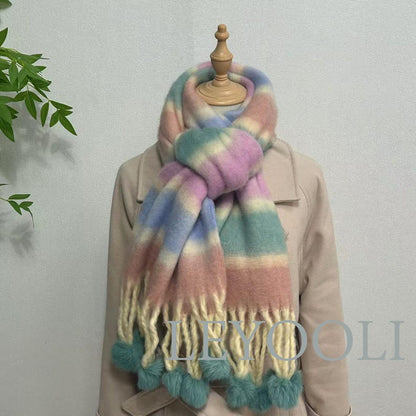 Rainbow Mohair Scarf, Striped Winter Scarf, Hairball Fringe