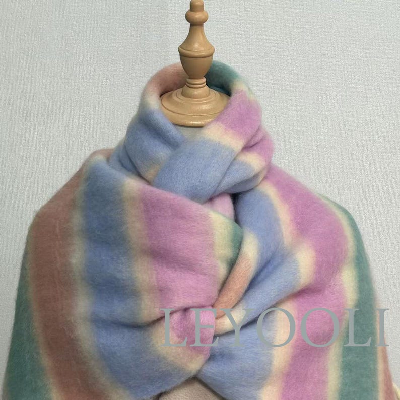 Rainbow Mohair Scarf, Striped Winter Scarf, Hairball Fringe