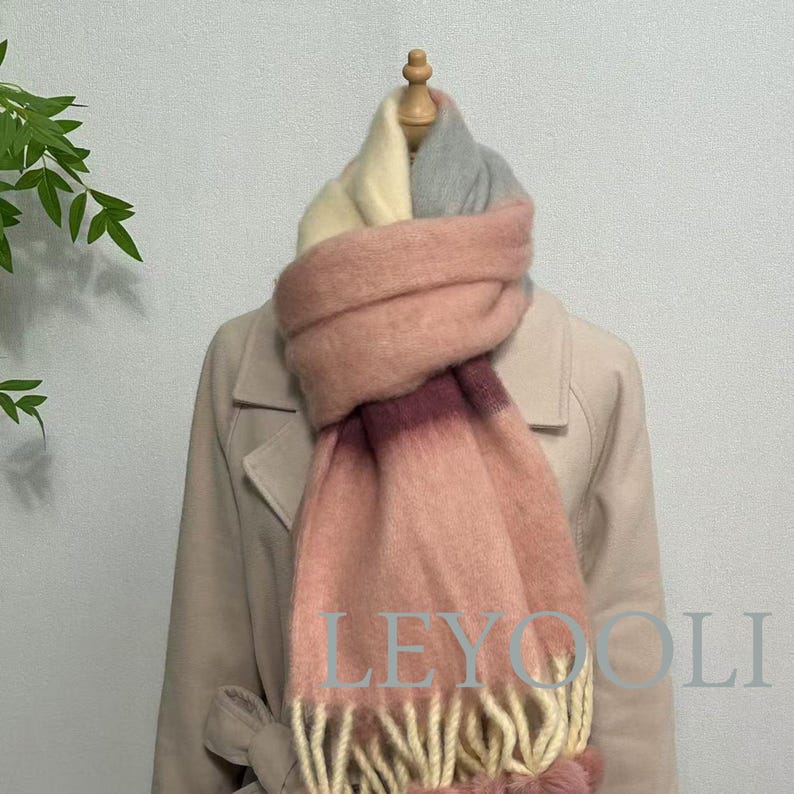 Rainbow Striped Mohair Scarf, Winter Warm Thickened Wool, Hairball Fringe