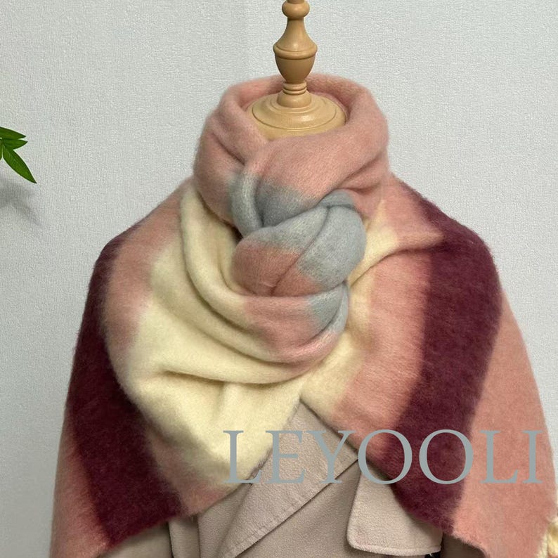 Rainbow Striped Mohair Scarf, Winter Warm Thickened Wool, Hairball Fringe