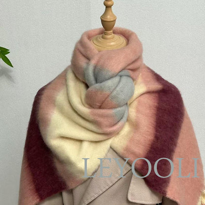 Rainbow Striped Mohair Scarf, Winter Warm Thickened Wool, Hairball Fringe