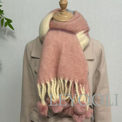 Rainbow Striped Mohair Scarf, Winter Warm Thickened Wool, Hairball Fringe