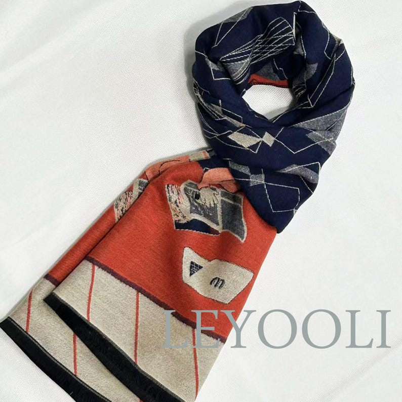 Art Animal Illustration Scarf: Diamond Plaid Patchwork, Navy Blue Orange Beige