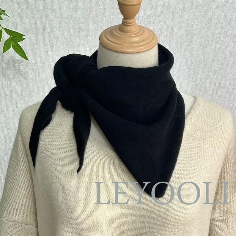 Black Knit Triangle Scarf: Cashmere Blend Wool Bandana