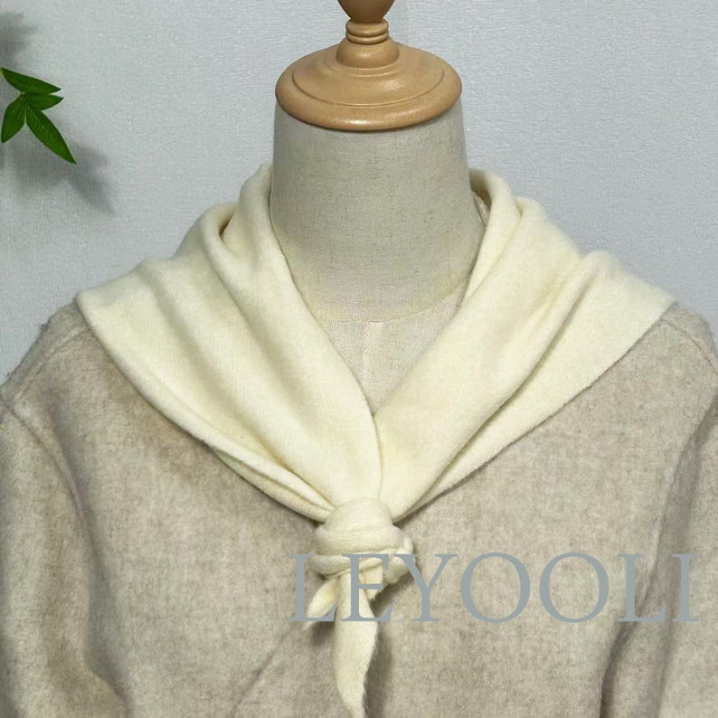 White Knit Triangle Scarf: Wool Blend Winter Bandana