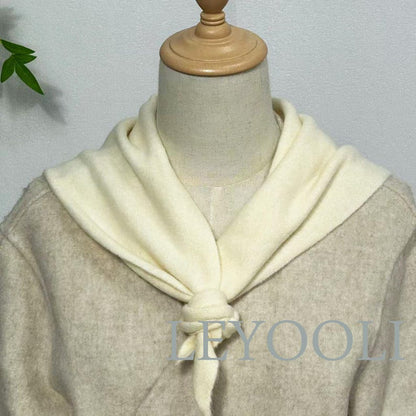 White Knit Triangle Scarf: Wool Blend Winter Bandana