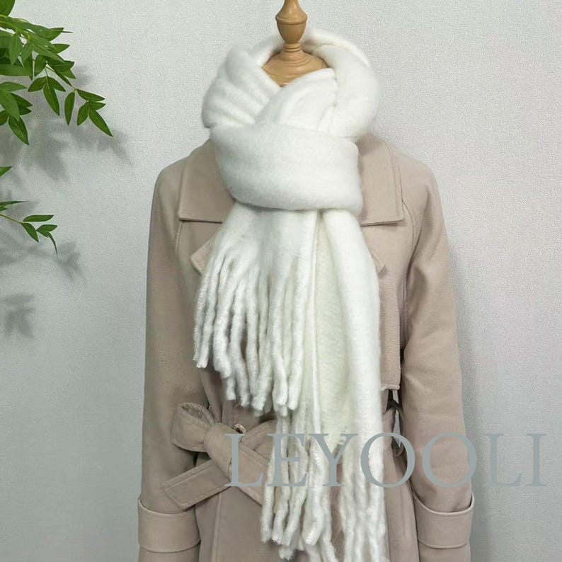 White Mohair Winter Scarf: Thickened Warm Solid Color