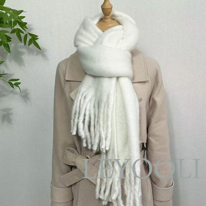 White Mohair Winter Scarf: Thickened Warm Solid Color