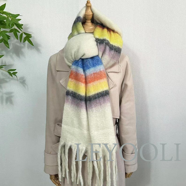 Rainbow Striped Mohair Scarf, Warm Winter Shawl, Fringed Plush Scarf