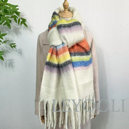 Rainbow Striped Mohair Scarf, Warm Winter Shawl, Fringed Plush Scarf