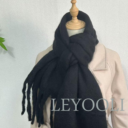 Black Mohair Blend Scarf, Winter Tassel Scarf