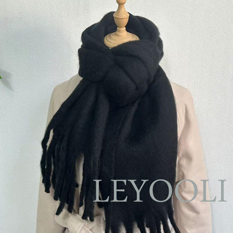Black Mohair Blend Scarf, Winter Tassel Scarf