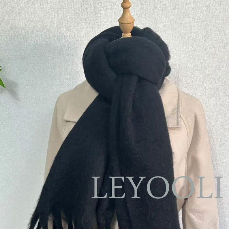 Black Mohair Blend Tassel Scarf, Winter Warm Scarf (200cm*45cm)