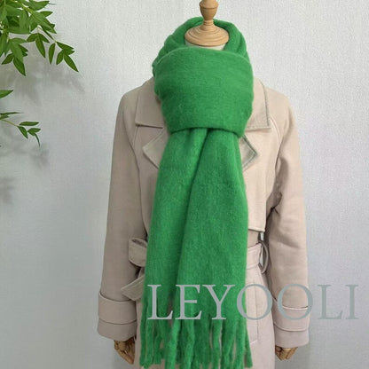Green Mohair Blend Scarf, Warm Winter Tassel Scarf
