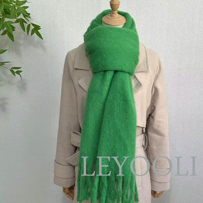 Green Mohair Blend Scarf: Warm Winter Tassel Scarf
